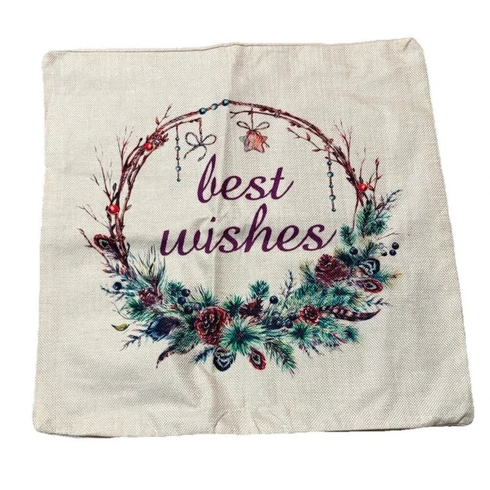 Christmas Best Wishes Pillow Cover 17.5x17.5 Winter Wreath Zipper Decor